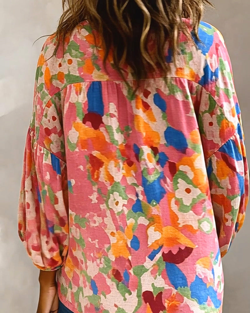 Blouse Coloré Imprimé Manche Lanterne Frange