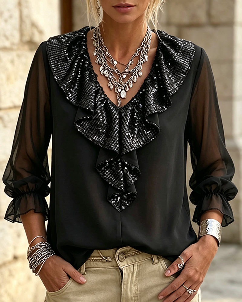 Blouse Élégante Col En V Dentelle Garniture Sheer