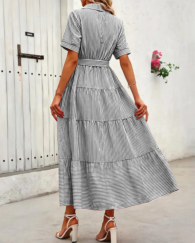 Robe Rayée Cintrée À Volants Chemise Maxi