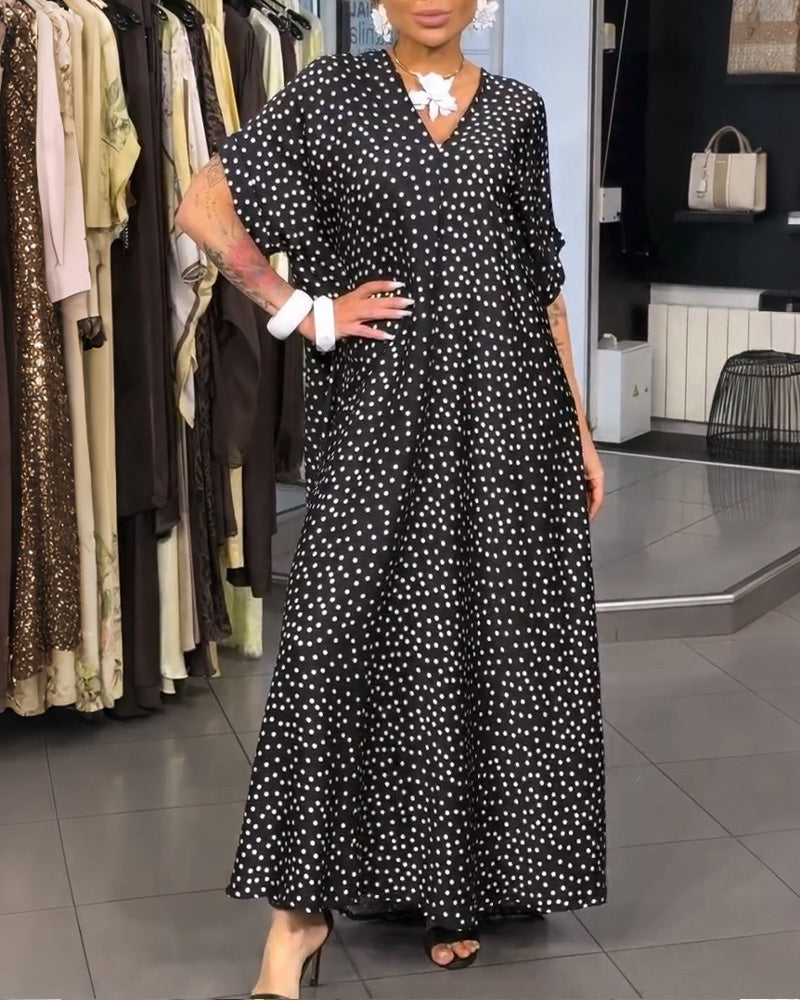 Robe Col-V Pois Ample Évasée
