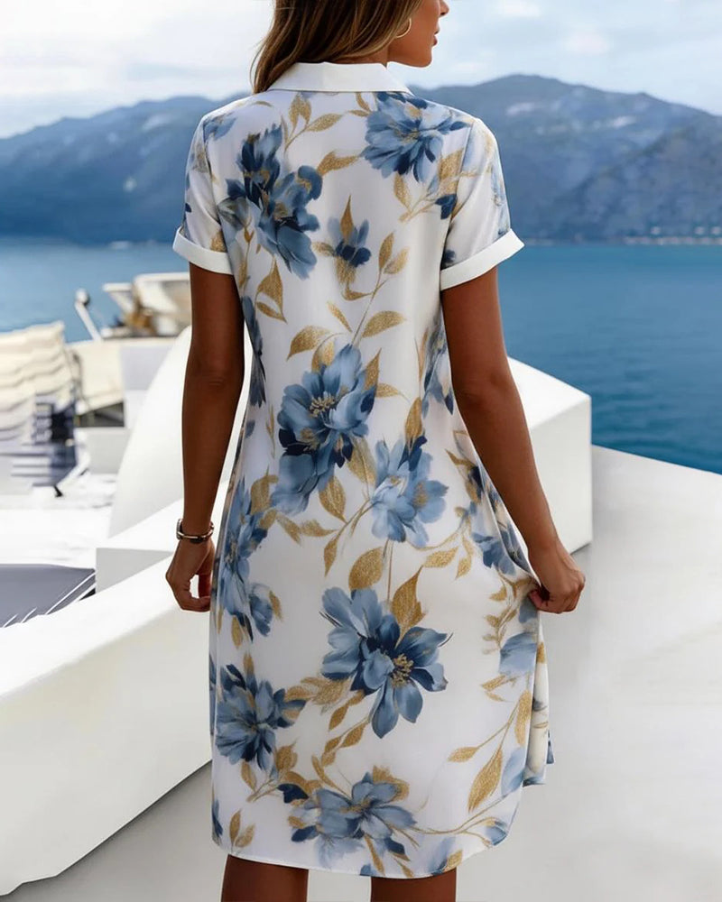 Robe Revers Manche Courte Florale Chemise