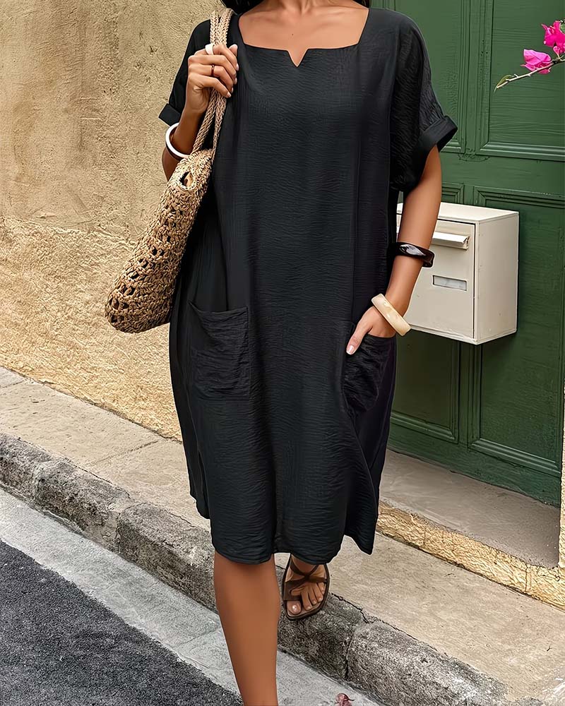 Robe Col Carré Ourlet Roulé Manches Courtes Ample Poche