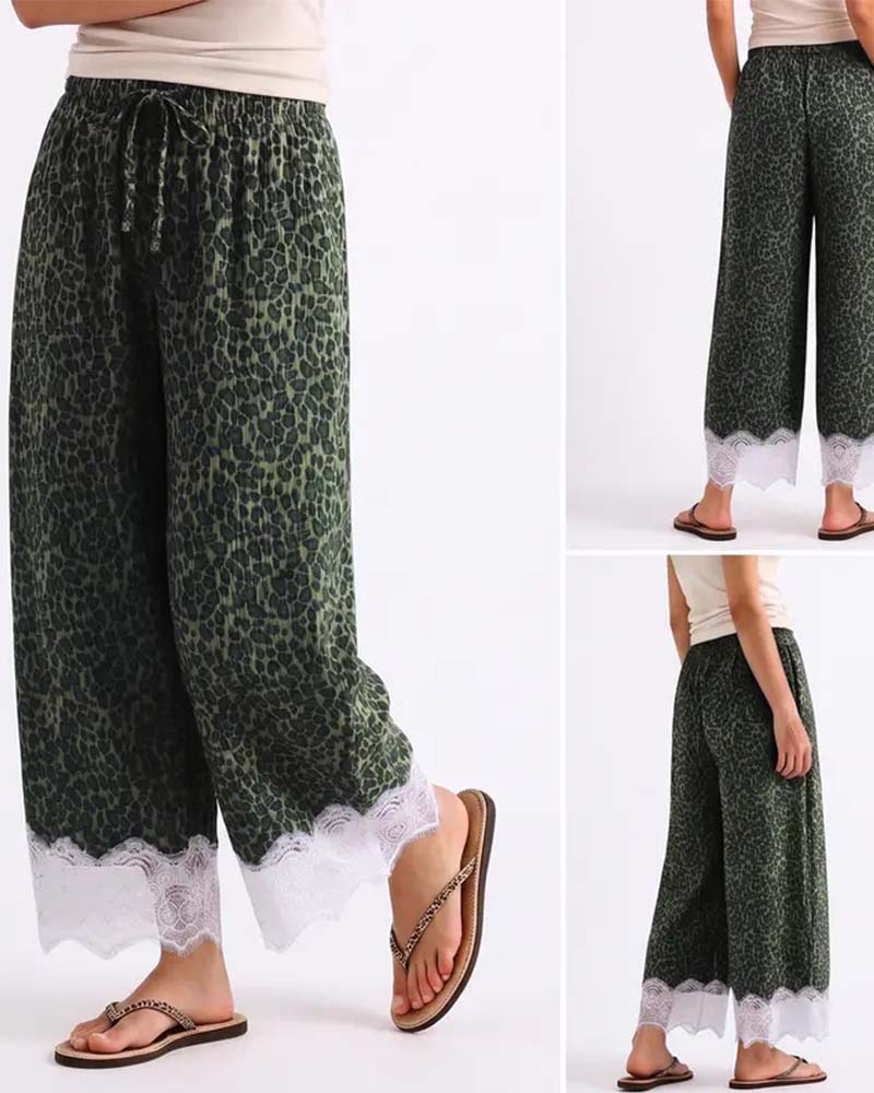 Pantalon Taille Élastique Léopard Dentelle Spliced Jambe Large