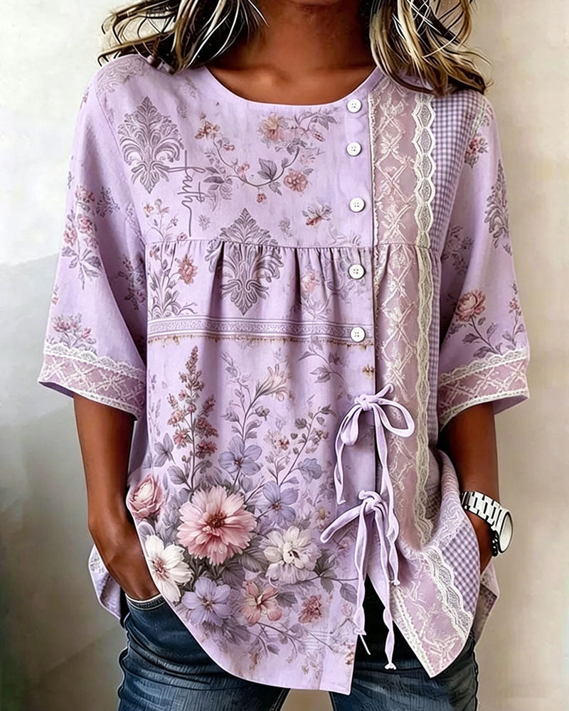 Blouse Imprimé Floral Rétro Décontractée