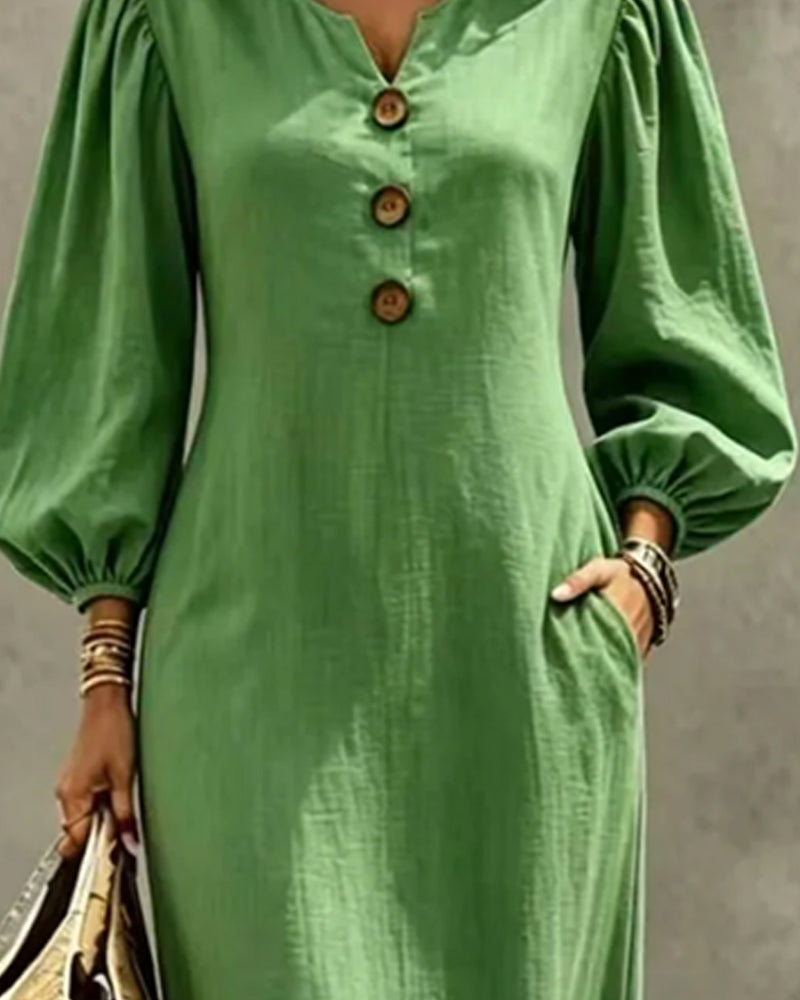 Robe Petit Col En V Bouton Manches Ballon Poche