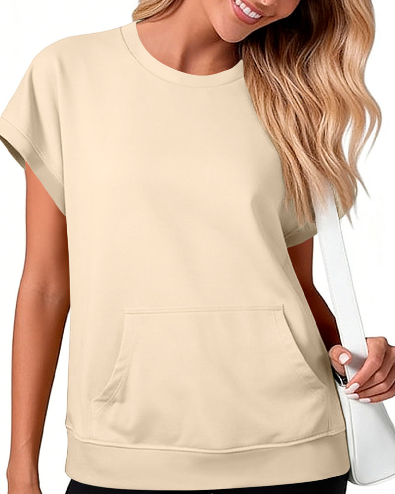Blouse Poche Devant Unie Col Rond