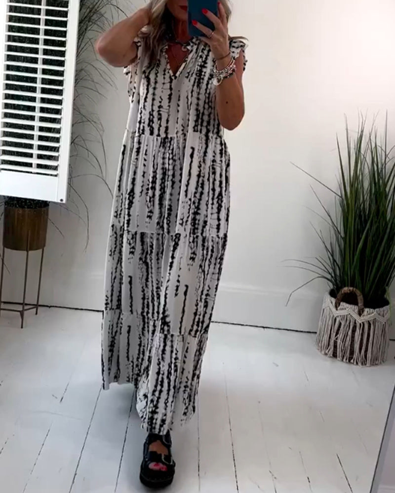 Robe à col en V imprimée à manches volantes