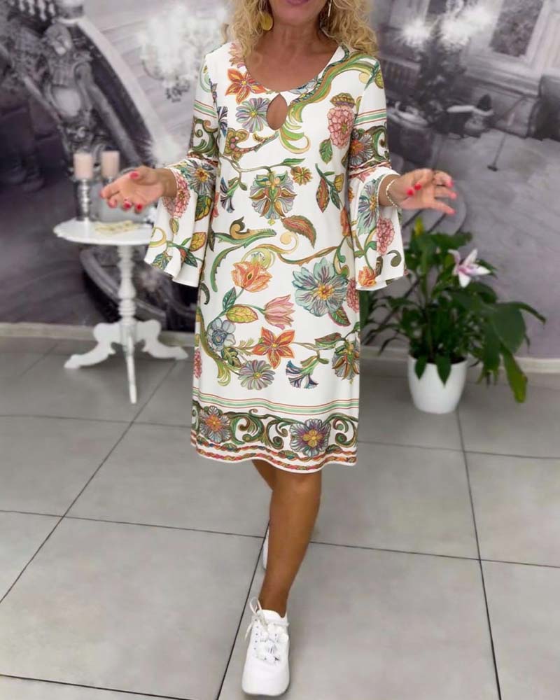 Robe Manches Volantées Imprimée Col Rond