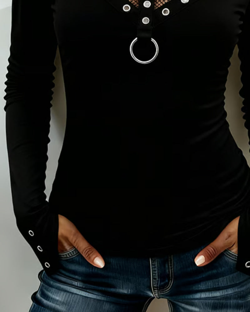 Blouse Col Rond Dentelle Panneau Découpe Anneau Métallique