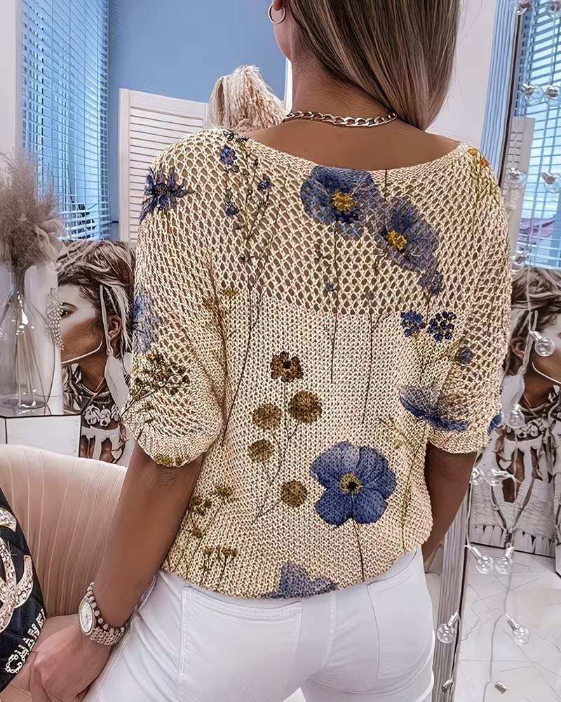 Pullover Col Rond Fleuri Évidé Lâche