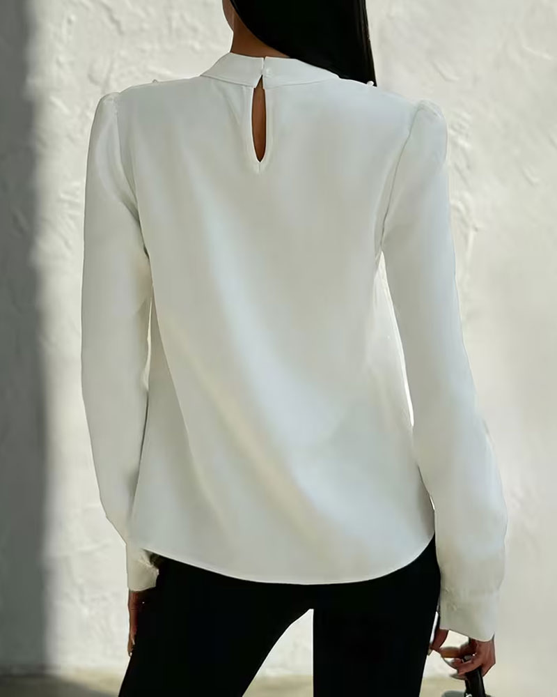 Blouse Col Montant Perle Perlé Manches Longues