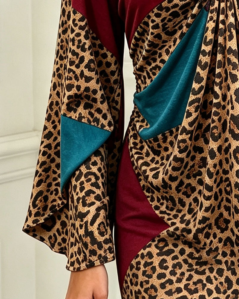 Robe Col En V Bouton Métallique Imprimé Léopard Couleur Contrastante