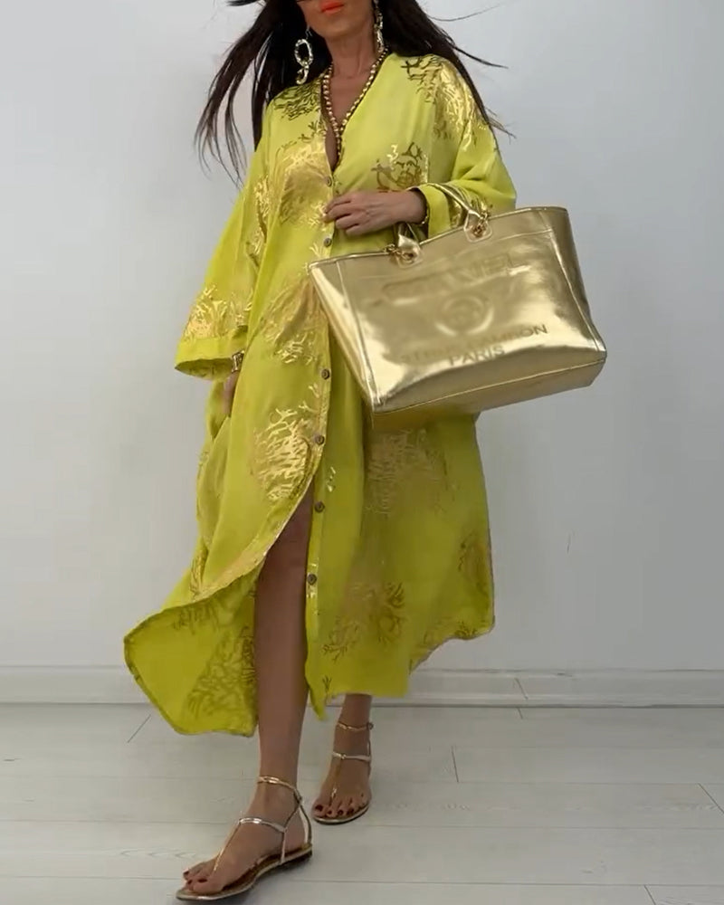 Robe ample boutonnée imprimée à manches longues