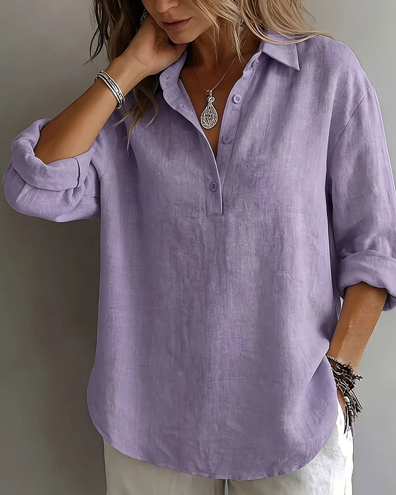 Blouse Unie Col Patte Demi-Patron Manches Longues