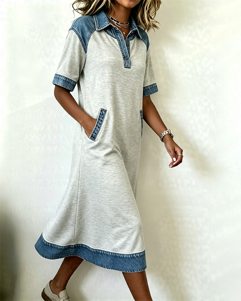 Robe Col Chemise Denim Patchwork Poche