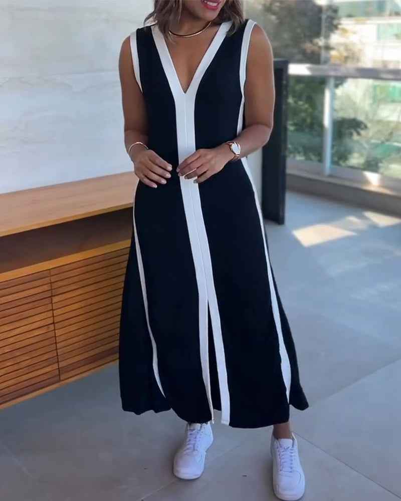 Robe À Bloc De Couleur Sans Manches Fendue Maxi
