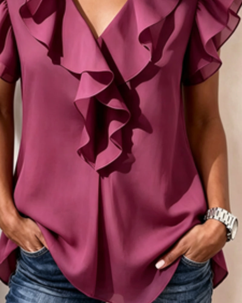 Blouse Col-V Volantée Sans Manches
