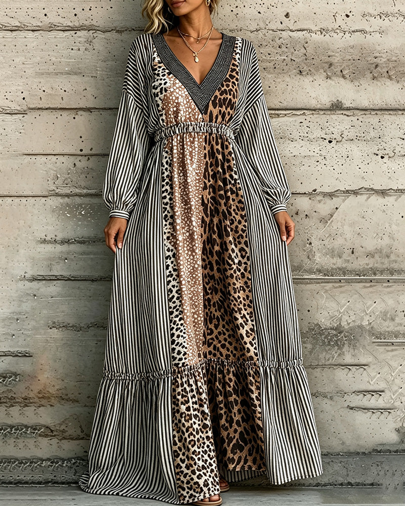 Robe Col V Rayé Imprimé Léopard Patchwork