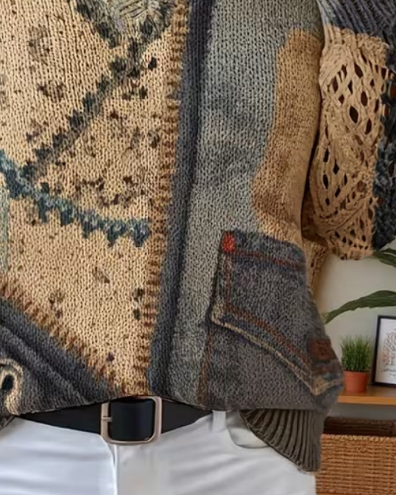 Pullover Col En V Bloc De Couleur Évidé Lâche