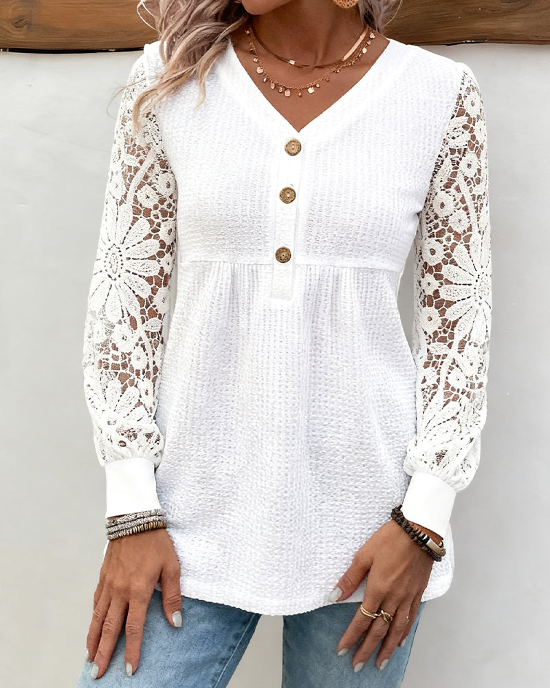 Blouse Dentelle Manches Longues Col V