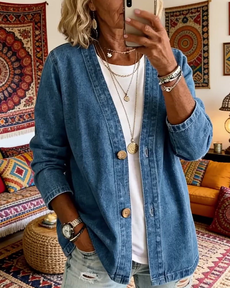 Manteau Denim Col En V Cardigan