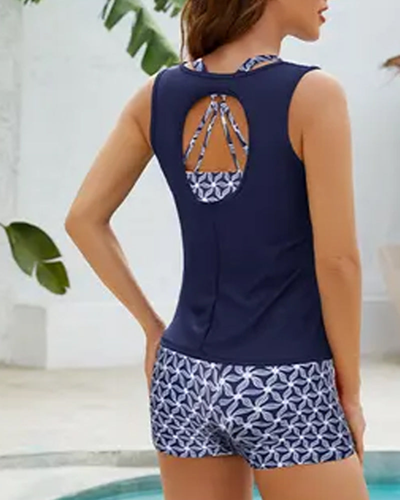 Tankinis Col Rond Sans Manches Imprimé Géométrique Boy Shorts