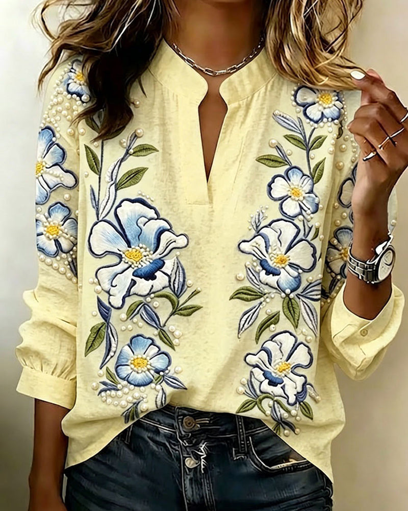 Blouse Col Mandarin Manches Longues Imprimée