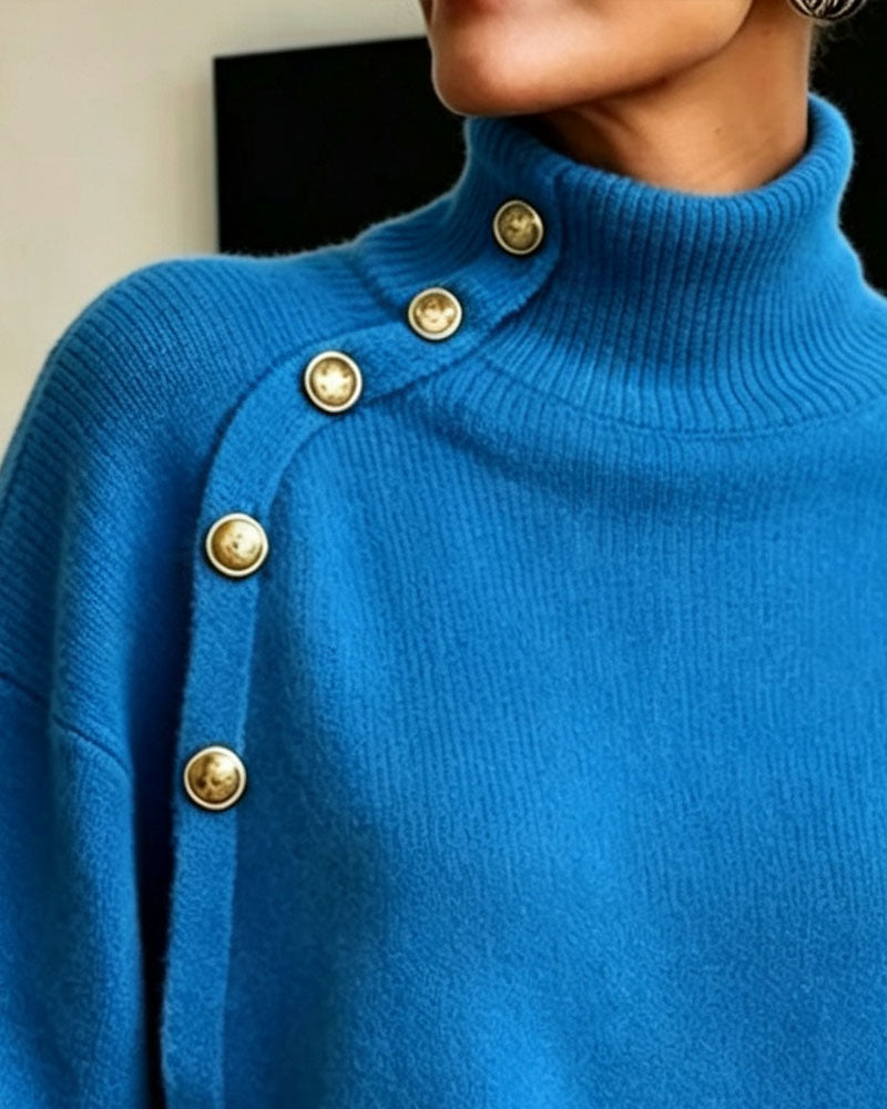 Pull Diagonal Bouton Métallique Col Roulé