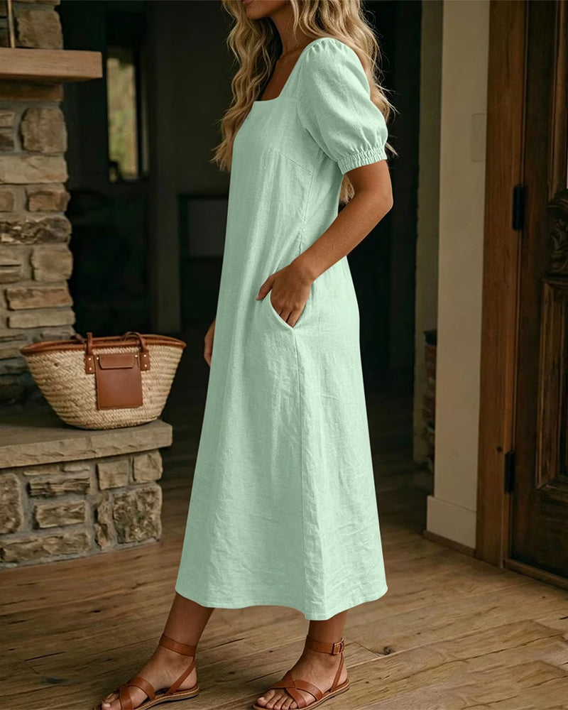 Robe Col Carré Manche Bouffante Poche