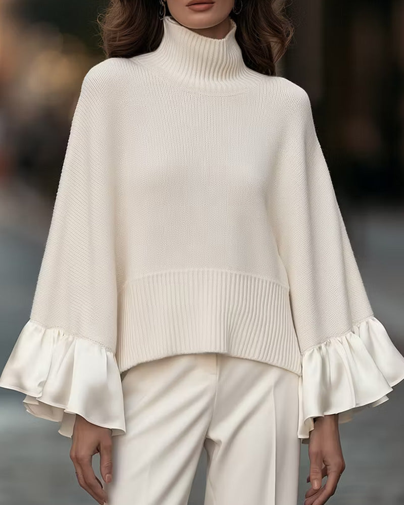 Pullover Col Roulé Patchwork Manche Volantée