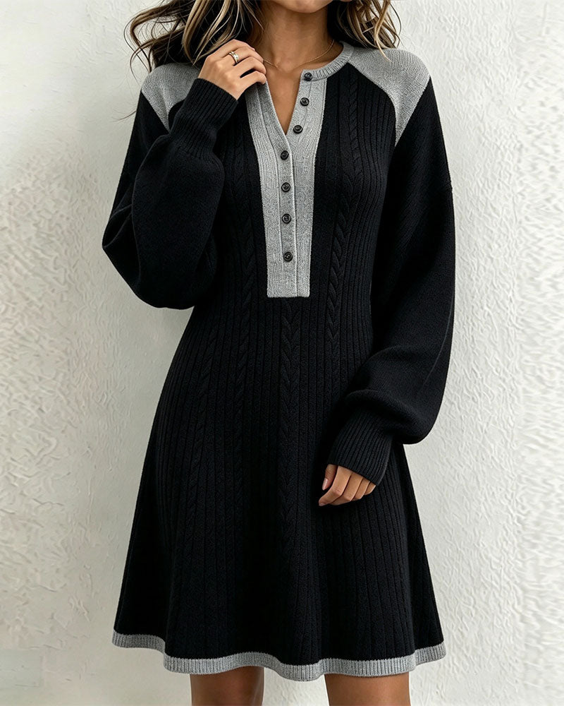 Robe Pull Col V Boutonné Contraste