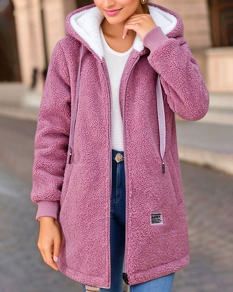 Manteau Polaire Doublé Fermeture Éclair Poche À Capuche