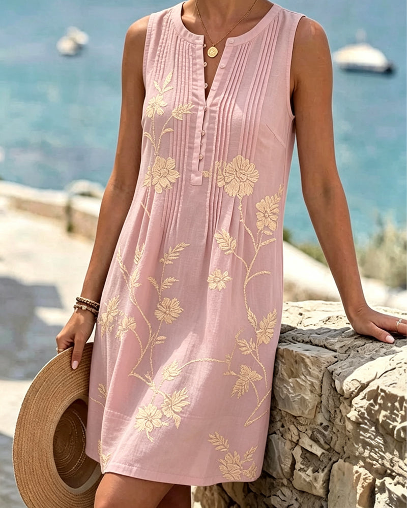 Robe Col Rond Sans Manches Bouton Plissé Imprimé