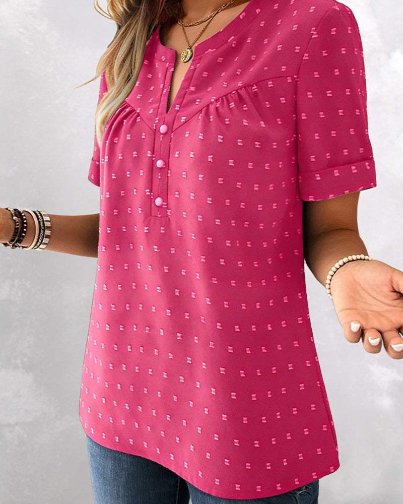 Chemisier Jacquard Col V Demi-Patte Manche Courte