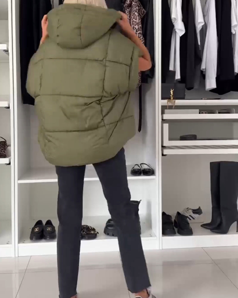 Vestes matelassées à manches courtes avec fermeture éclair et capuche de couleur unie