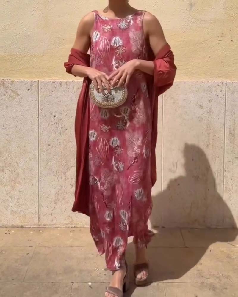 Ensemble Sans Manches Robe Maxi + Cardigan Assorti