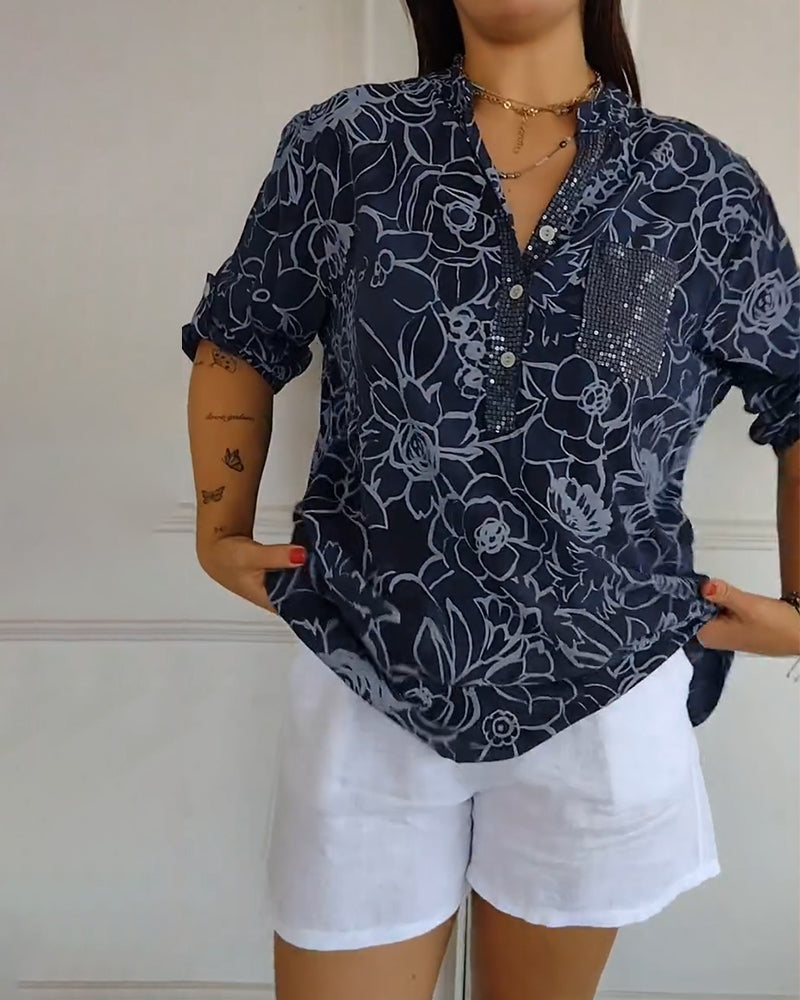 Blouse Col V Boutonnée Imprimée