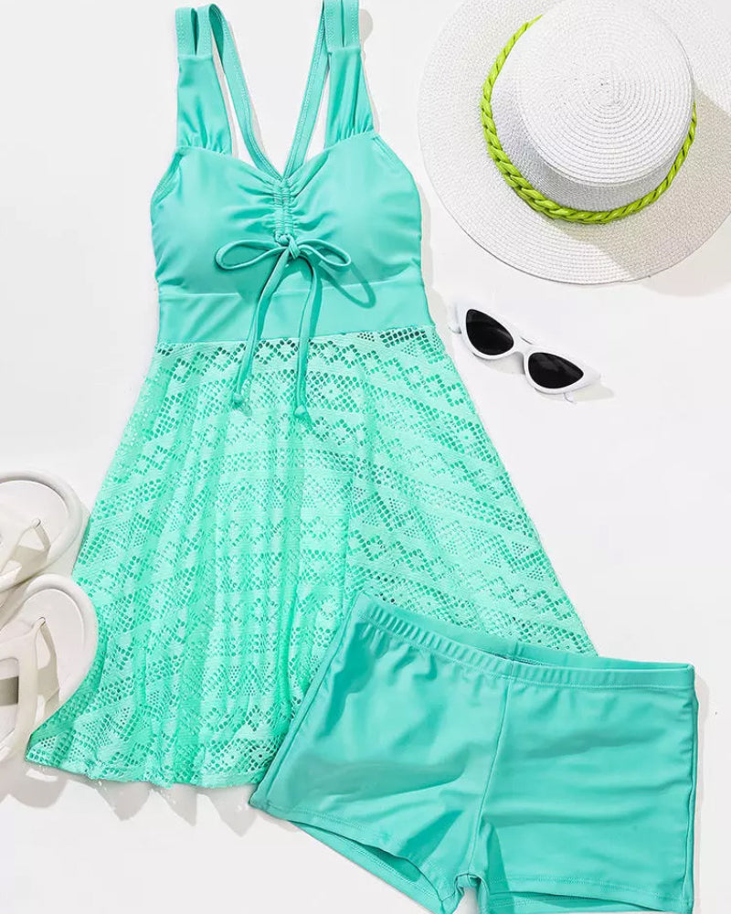 Tankini À Empiècements En Dentelle De Couleur Unie