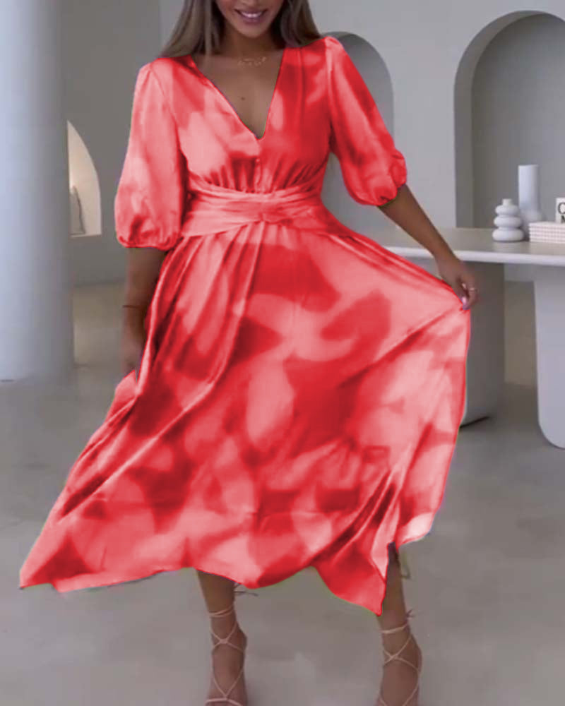 Robe élégante imprimée à manches mi-longues et décolleté en V