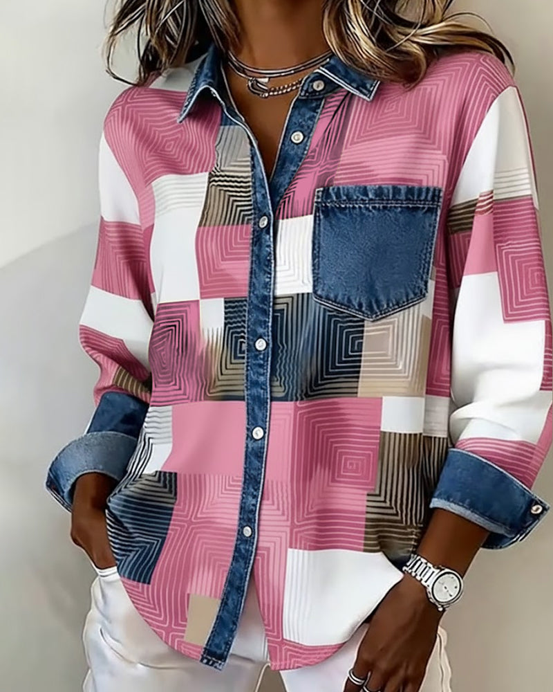 Chemise Color Block Revers À La Mode