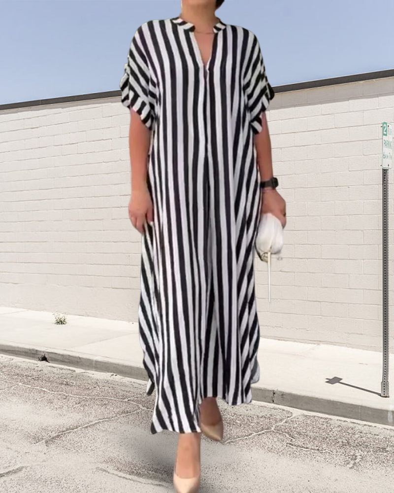 Robe chemise à col en V et imprimé rayé