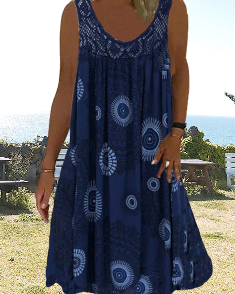 Robe d'été imprimée sans manches à col rond pour femmes