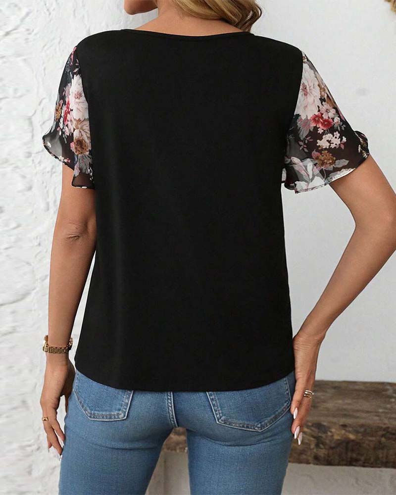 Blouse À Manches Courtes Lacets Imprimée