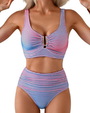 Bikini Taille Haute Rayé Bouton