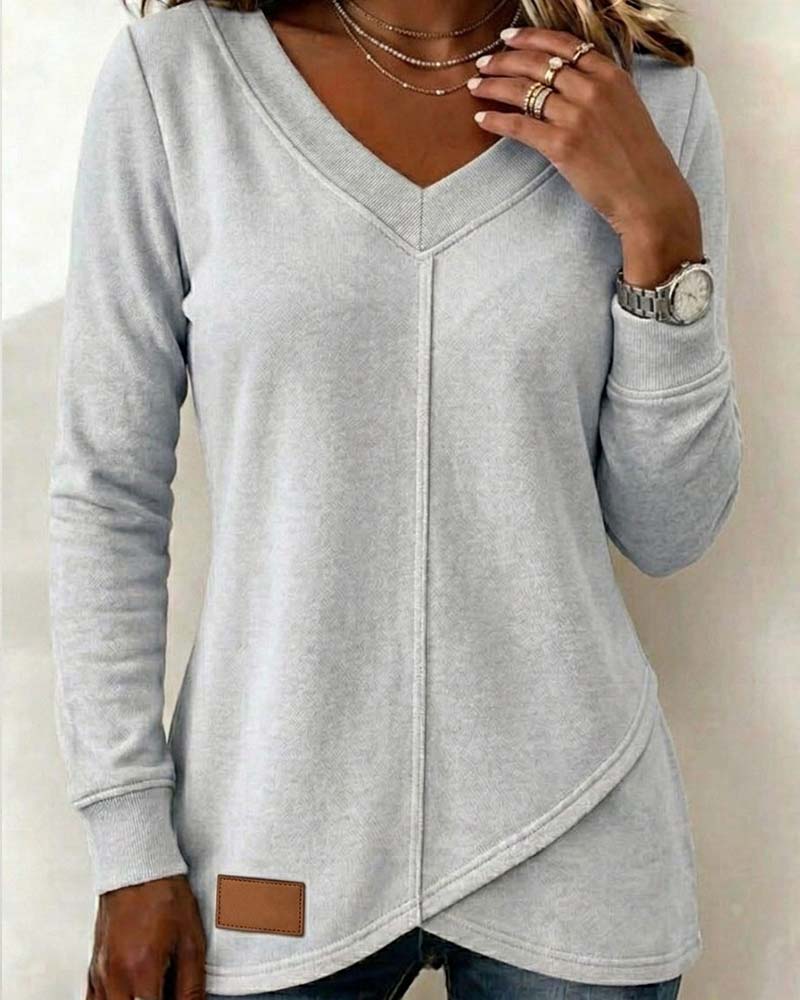 Sweatshirt Col-V Manche-Longue Croisé Asymétrique