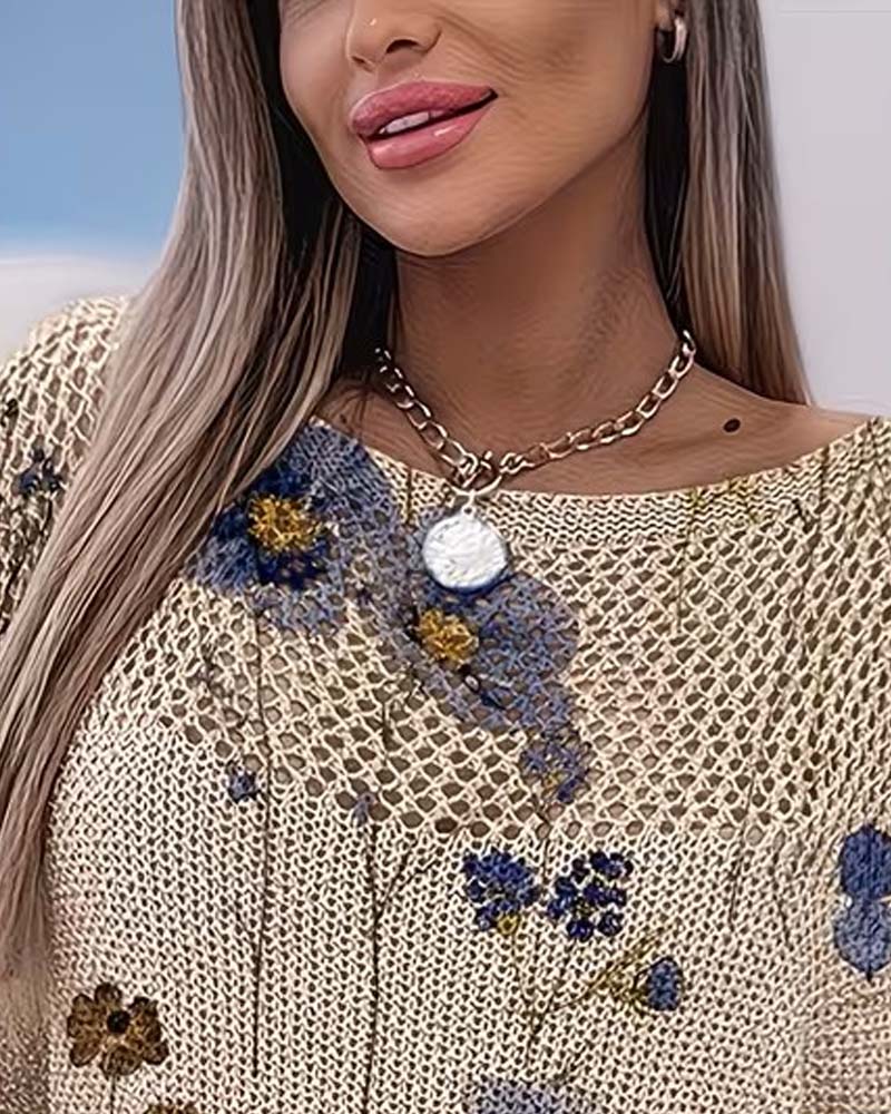 Pullover Col Rond Fleuri Évidé Lâche