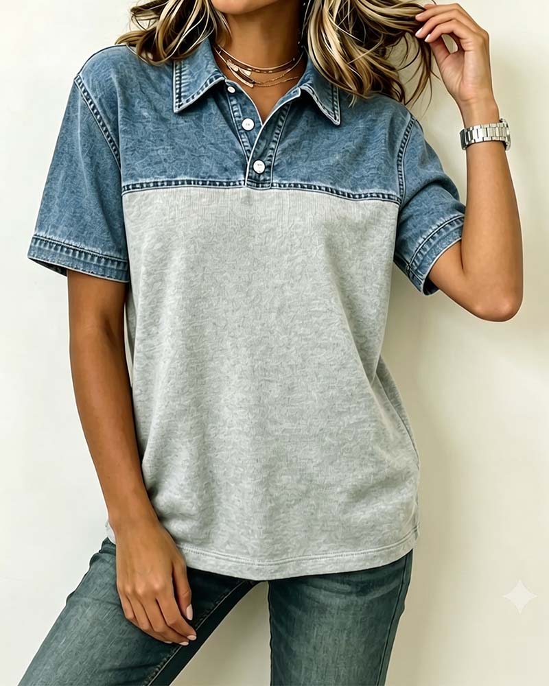 Blouse Manche Courte Col Chemise Denim Patchwork