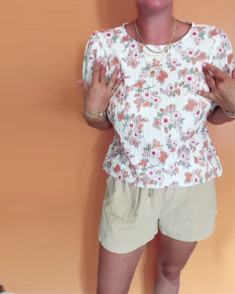 Blouse Col Rond Fleuri Manche Courte