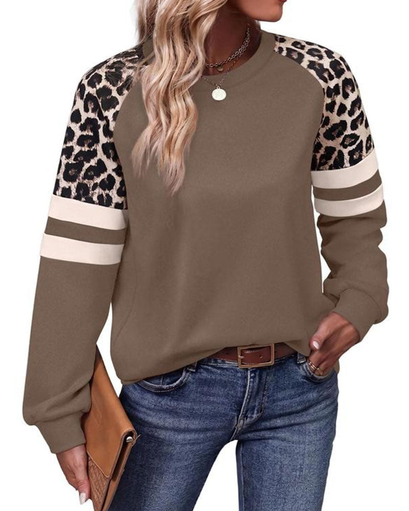 Sweat-Shirt Manches Longues Col Rond Léopard Rayé