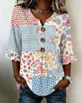 Blouse Manches Courtes Imprimé Floral Patchwork
